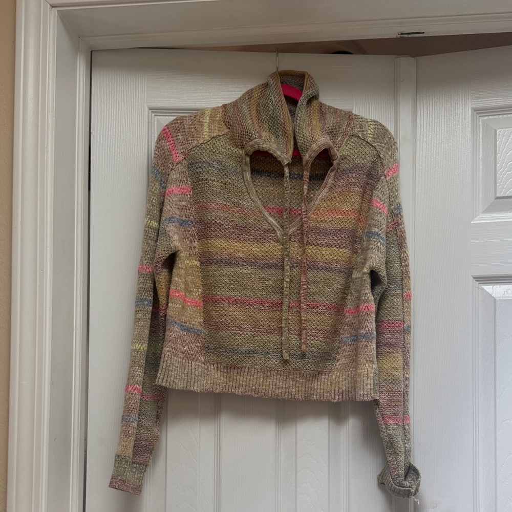 Womens Cropped Striped Knit Cowl Sweater in Multicolor